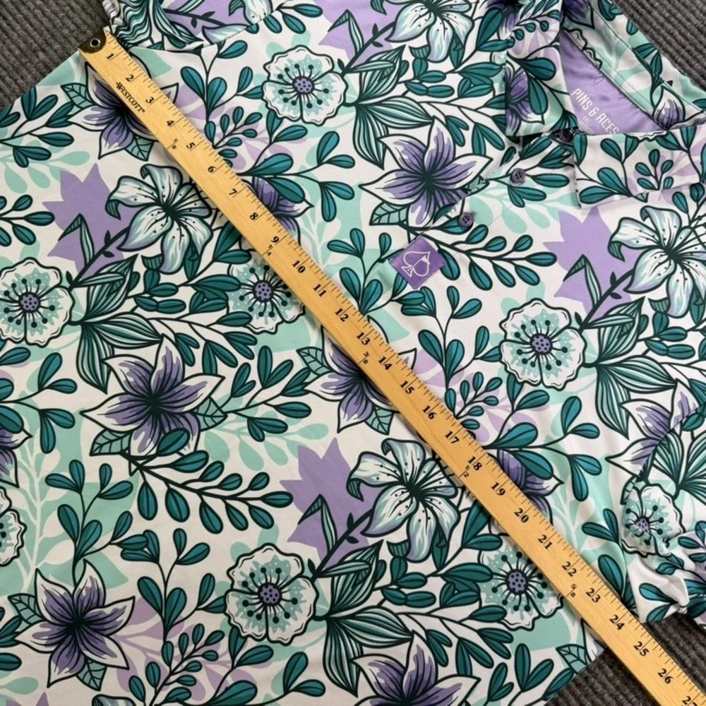 Pins & Aces Golf Polo Shirt Mens XXL Floral Purple Teal Performance Short Sleeve